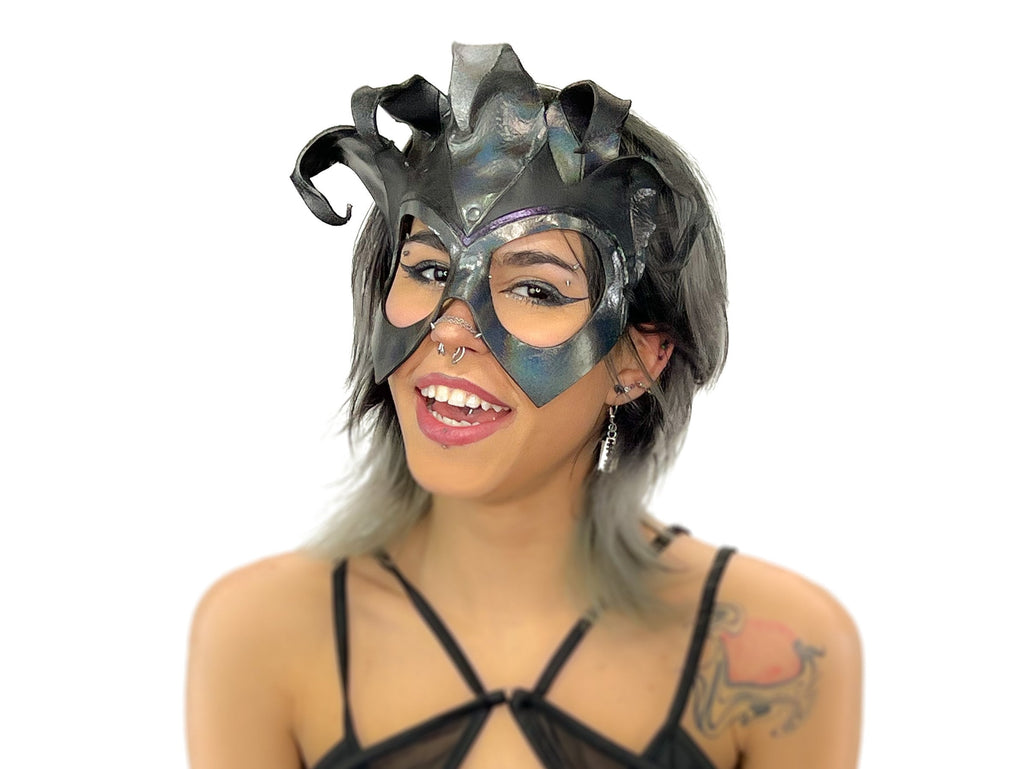 Handmade Genuine Leather Five Point Jester Mask in cosmic silver and Black No Bells Rockwell Masks
