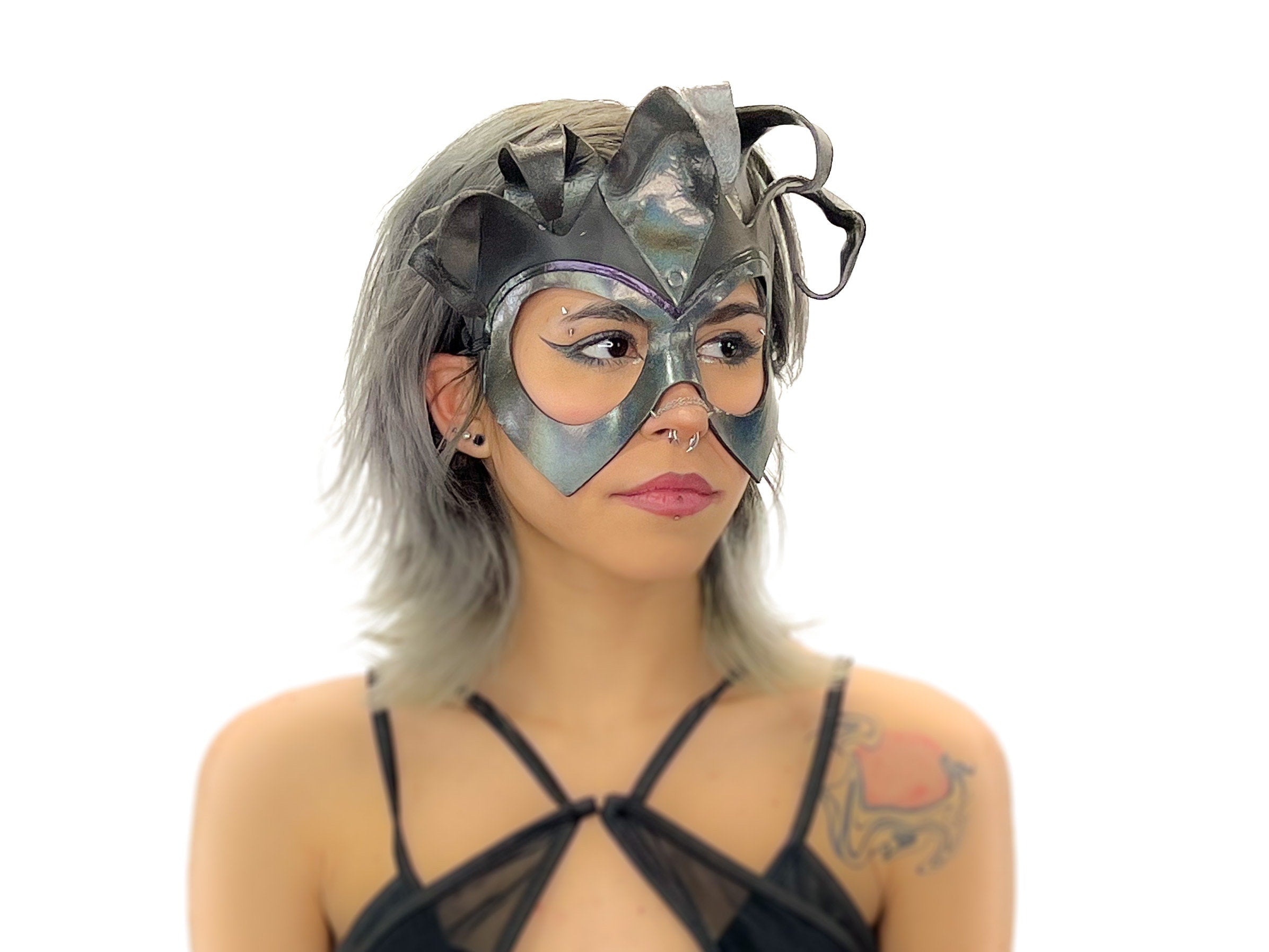Handmade Genuine Leather Five Point Jester Mask in cosmic silver and Black No Bells Rockwell Masks