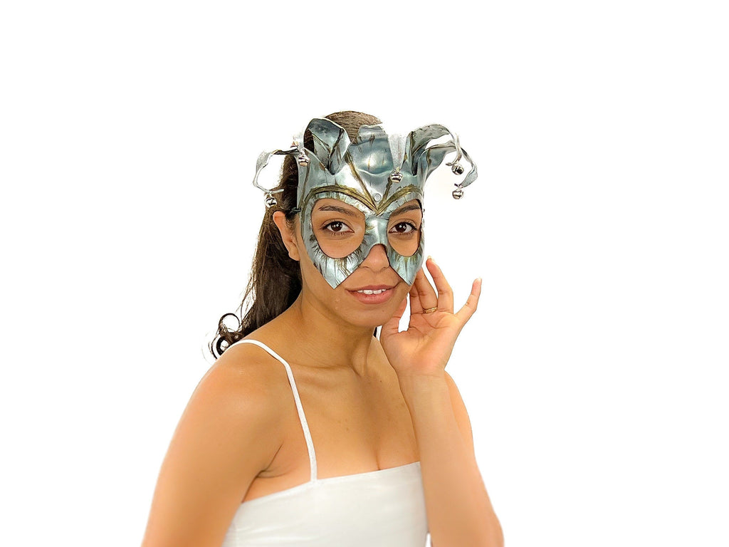 Handmade Genuine Leather Five Point Jester Mask in Patina Silver Rockwell Masks