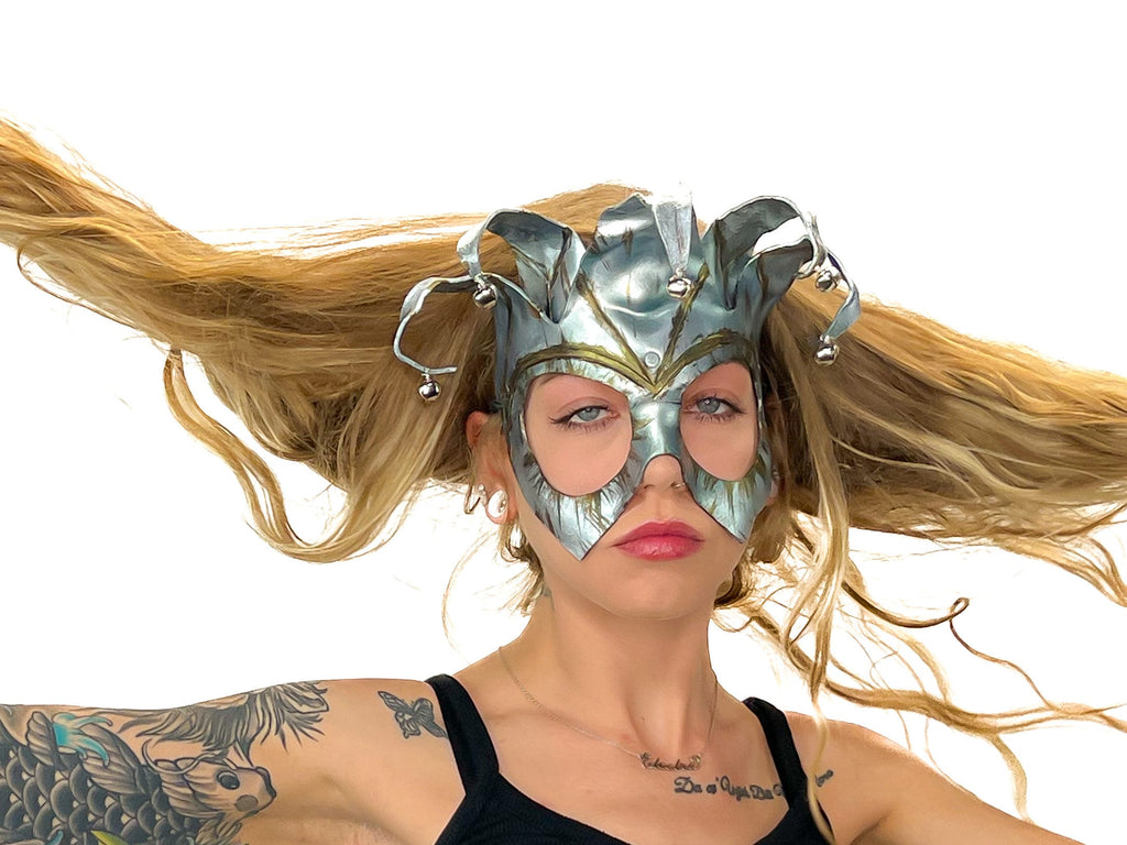 Handmade Genuine Leather Five Point Jester Mask in Patina Silver Rockwell Masks