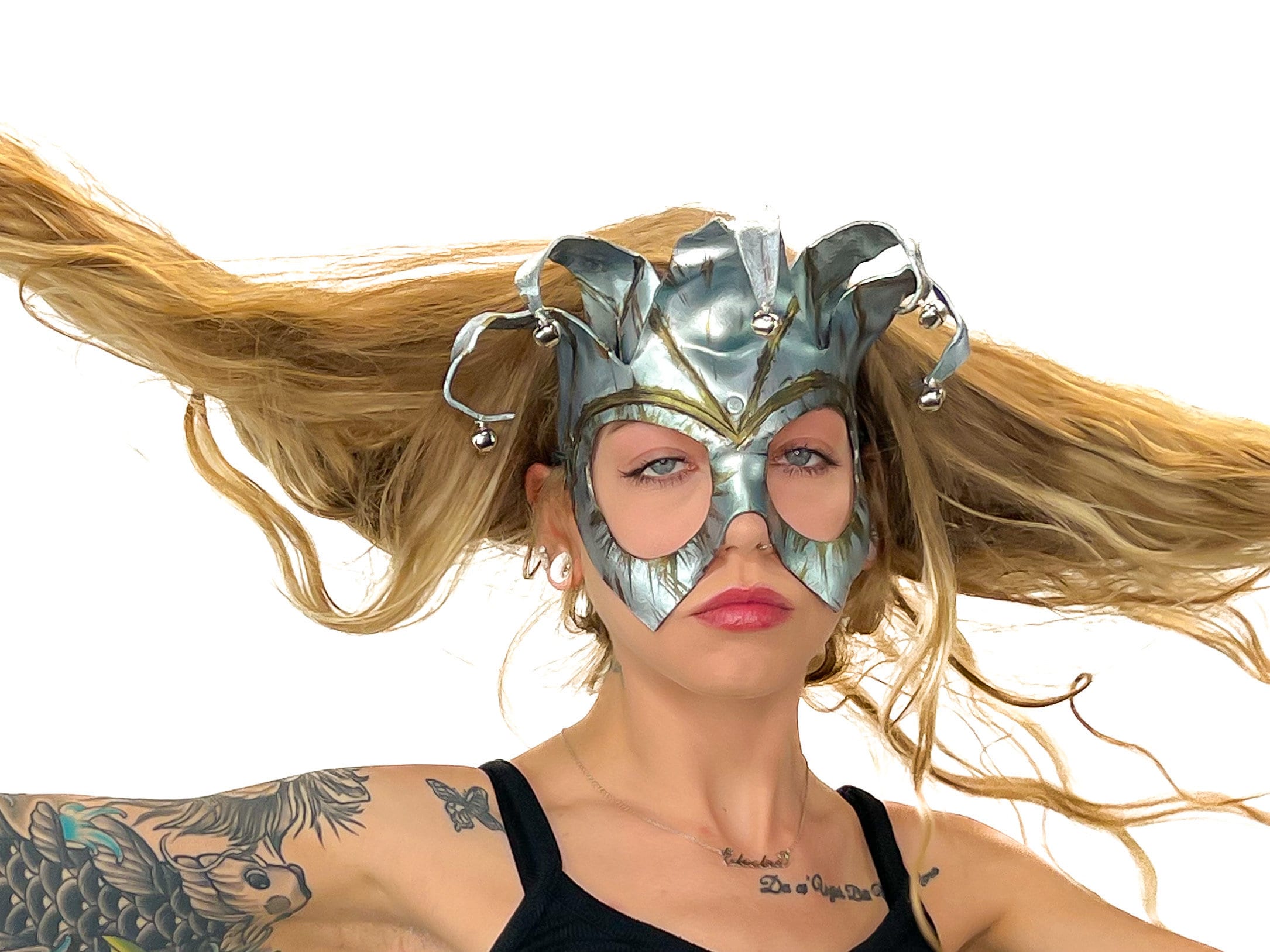 Handmade Genuine Leather Five Point Jester Mask in Patina Silver Rockwell Masks