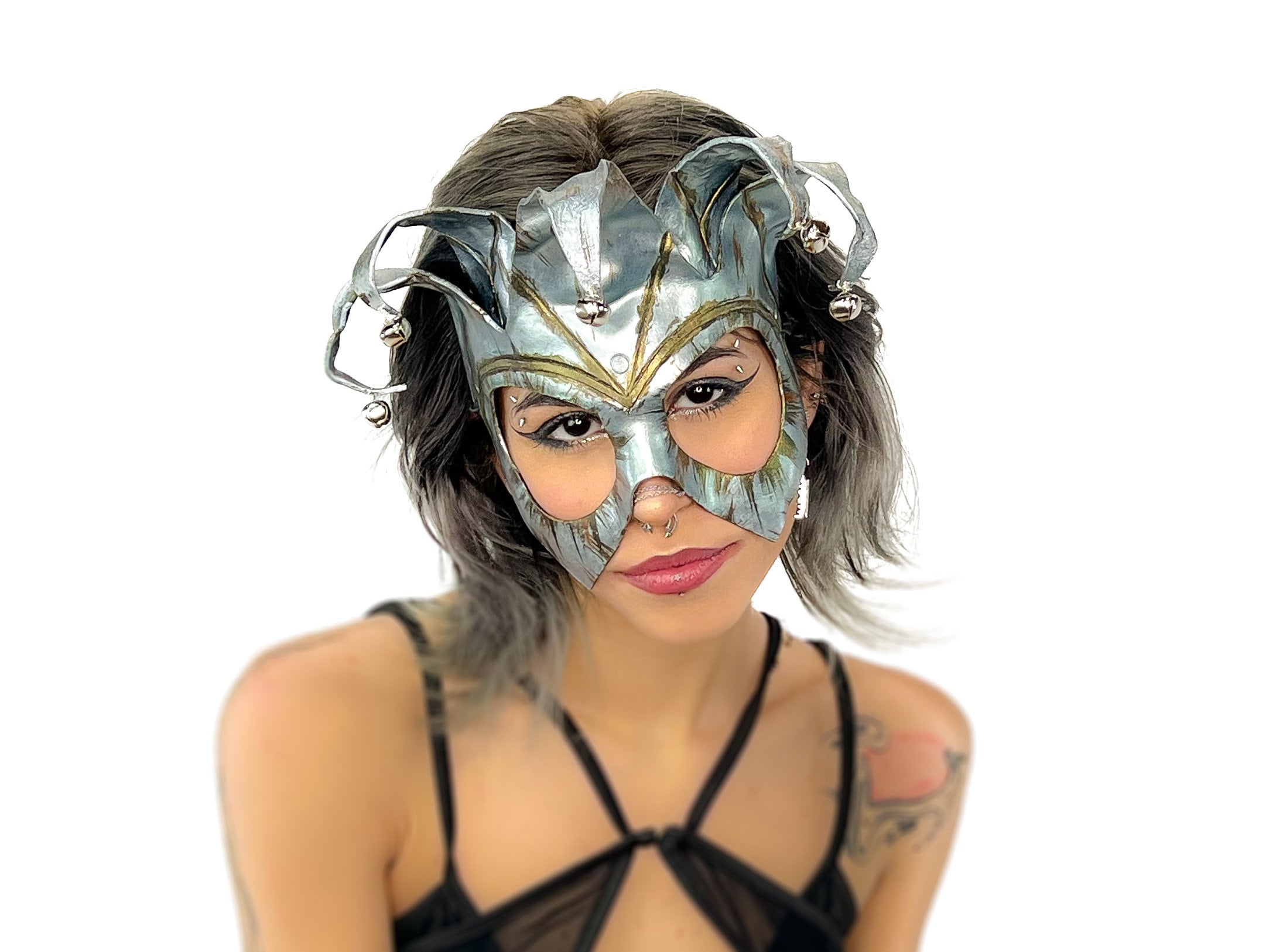 Handmade Genuine Leather Five Point Jester Mask in Patina Silver Rockwell Masks