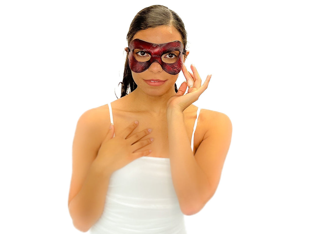 Ornate Masquerade Handmade Genuine Leather Eye Mask in Red and Black Rockwell Masks