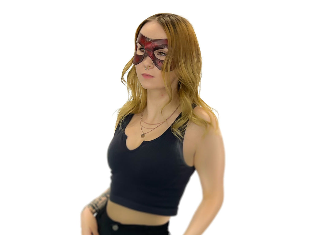 Ornate Masquerade Handmade Genuine Leather Eye Mask in Red and Black Rockwell Masks