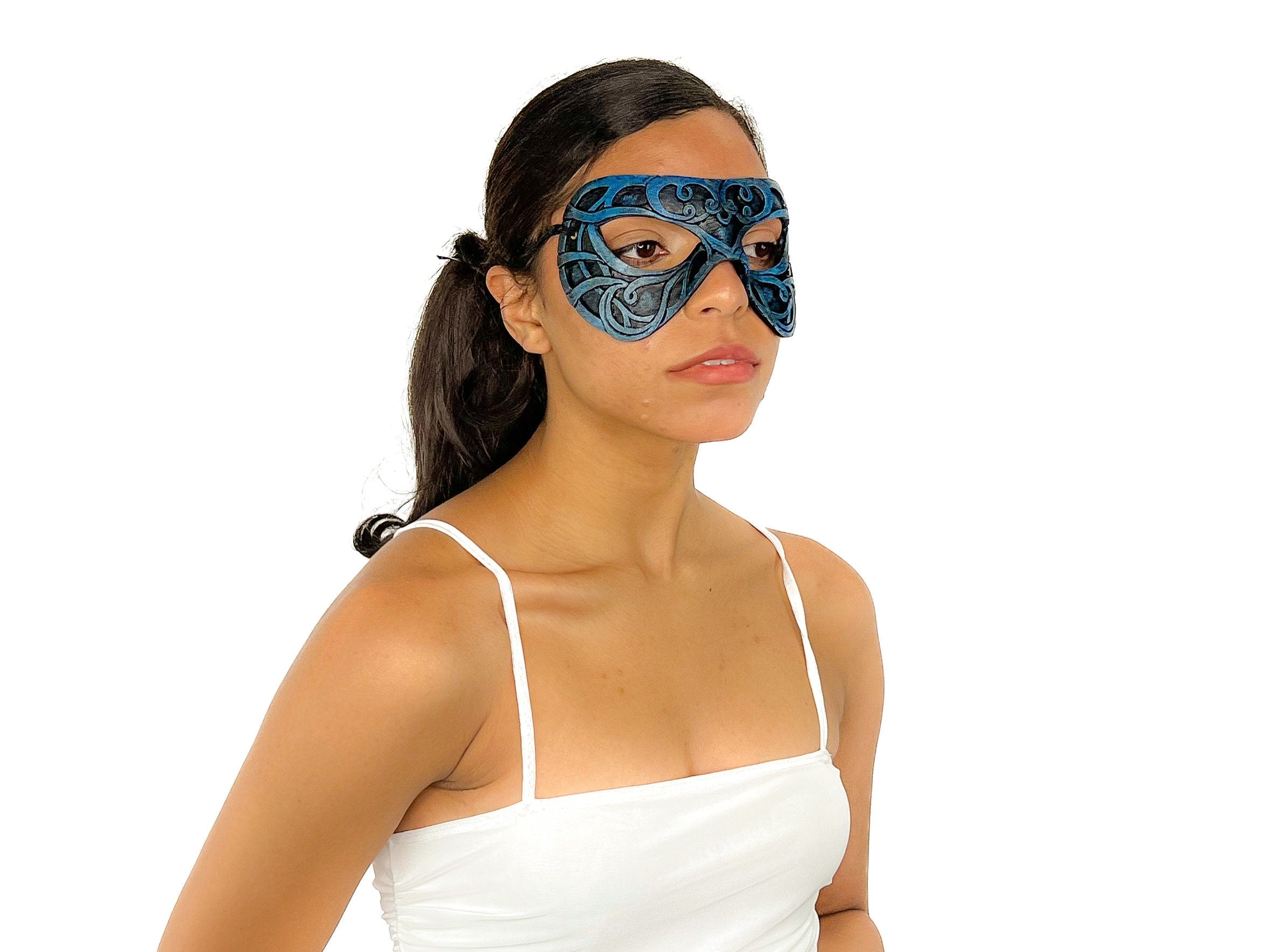 Dual Layer Ornate Masquerade Handmade Genuine Leather Eye Mask in Blue and Black Rockwell Masks