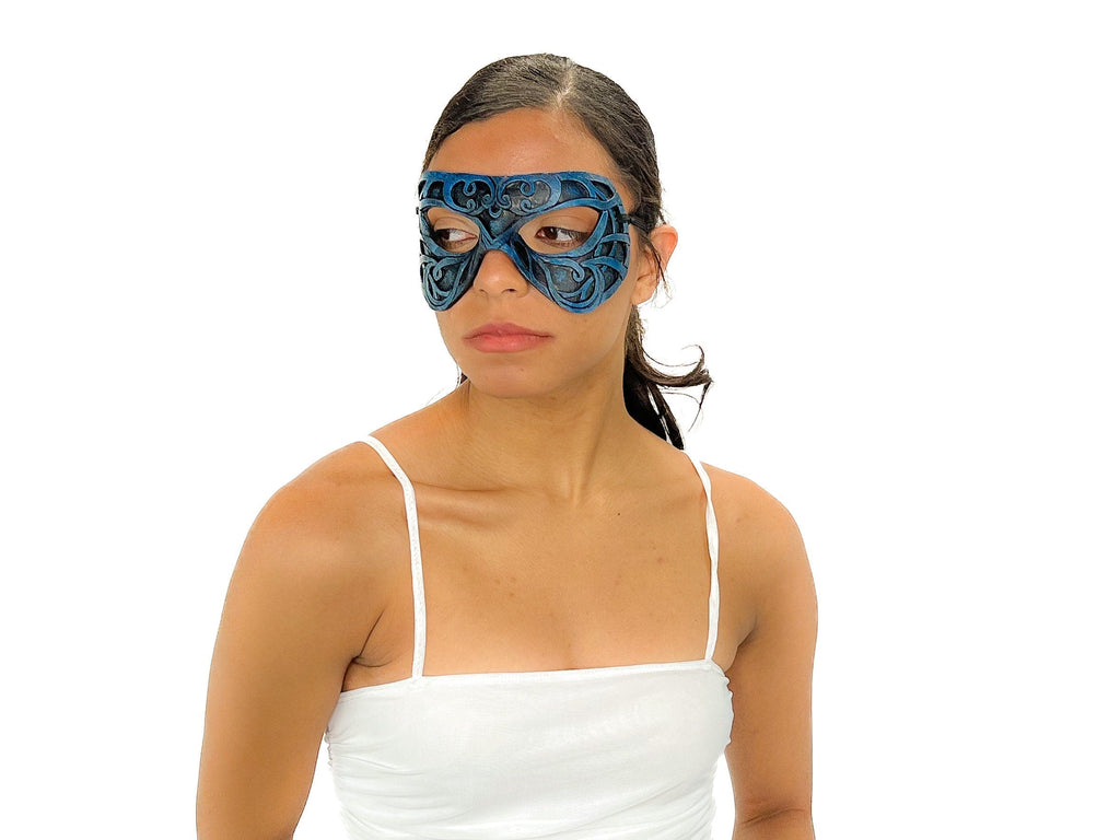 Dual Layer Ornate Masquerade Handmade Genuine Leather Eye Mask in Blue and Black Rockwell Masks