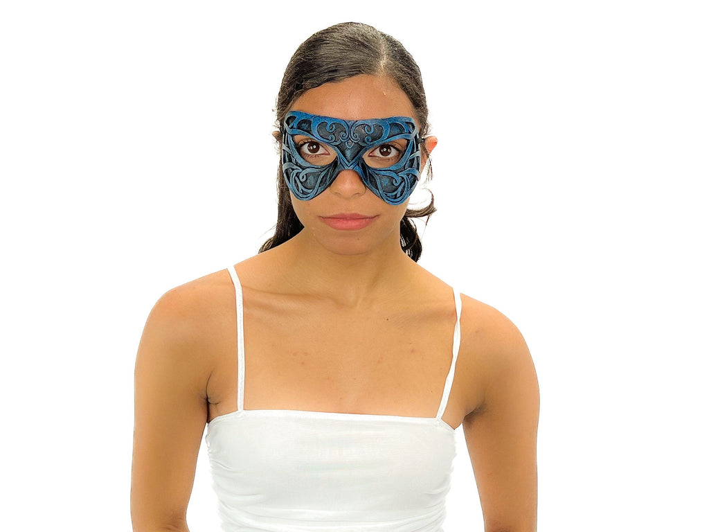 Dual Layer Ornate Masquerade Handmade Genuine Leather Eye Mask in Blue and Black Rockwell Masks