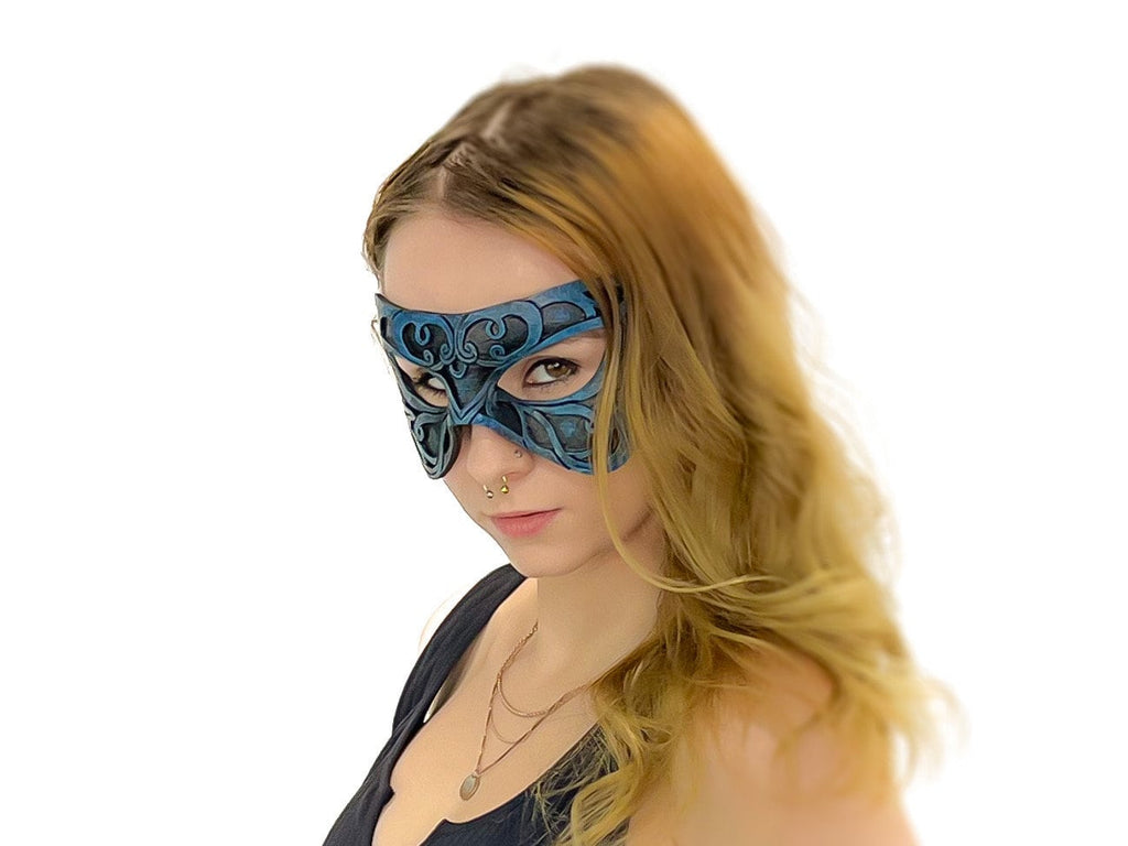 Dual Layer Ornate Masquerade Handmade Genuine Leather Eye Mask in Blue and Black Rockwell Masks