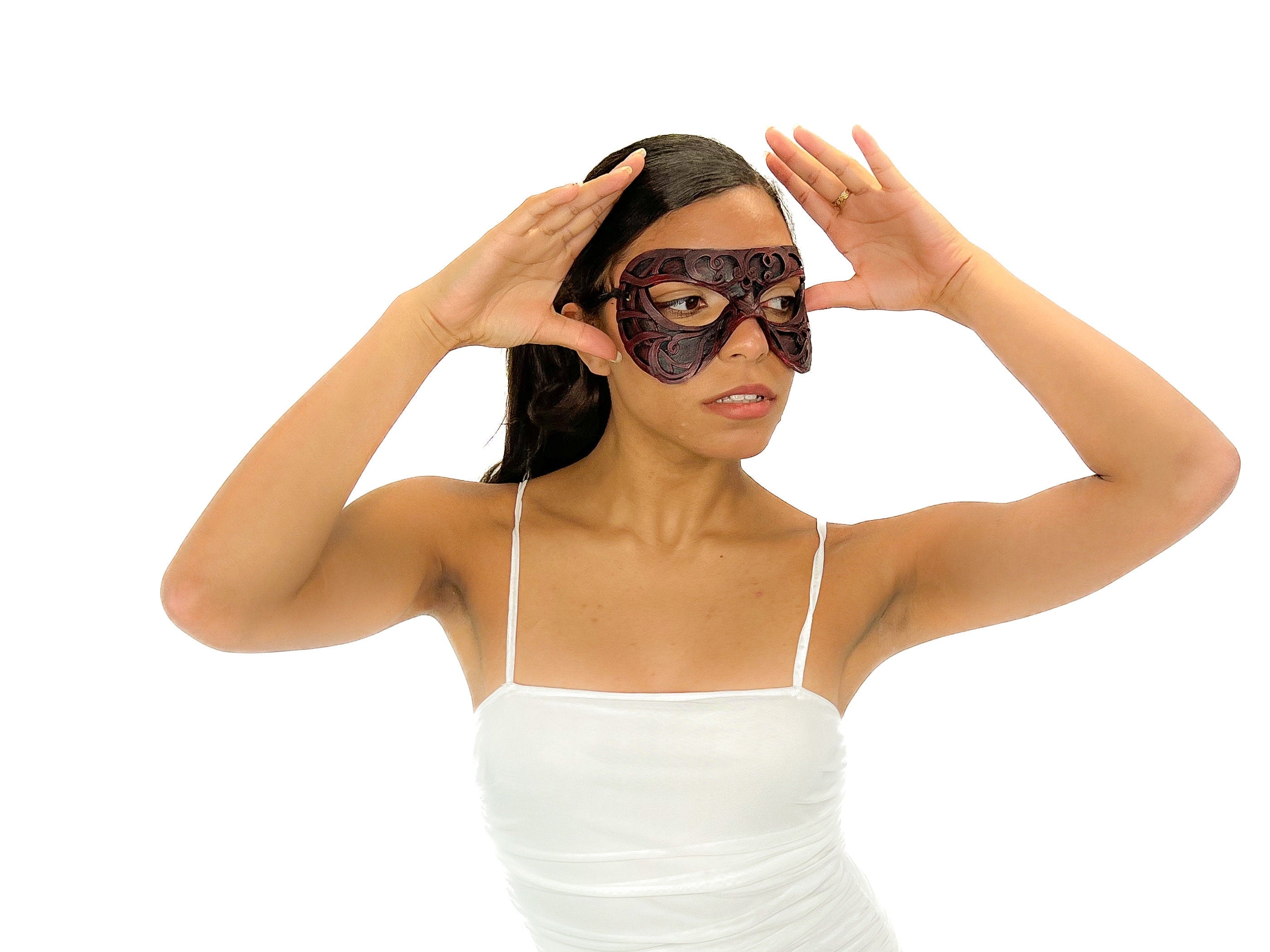 Dual Layer Ornate Masquerade Handmade Genuine Leather Eye Mask in Red Rockwell Masks