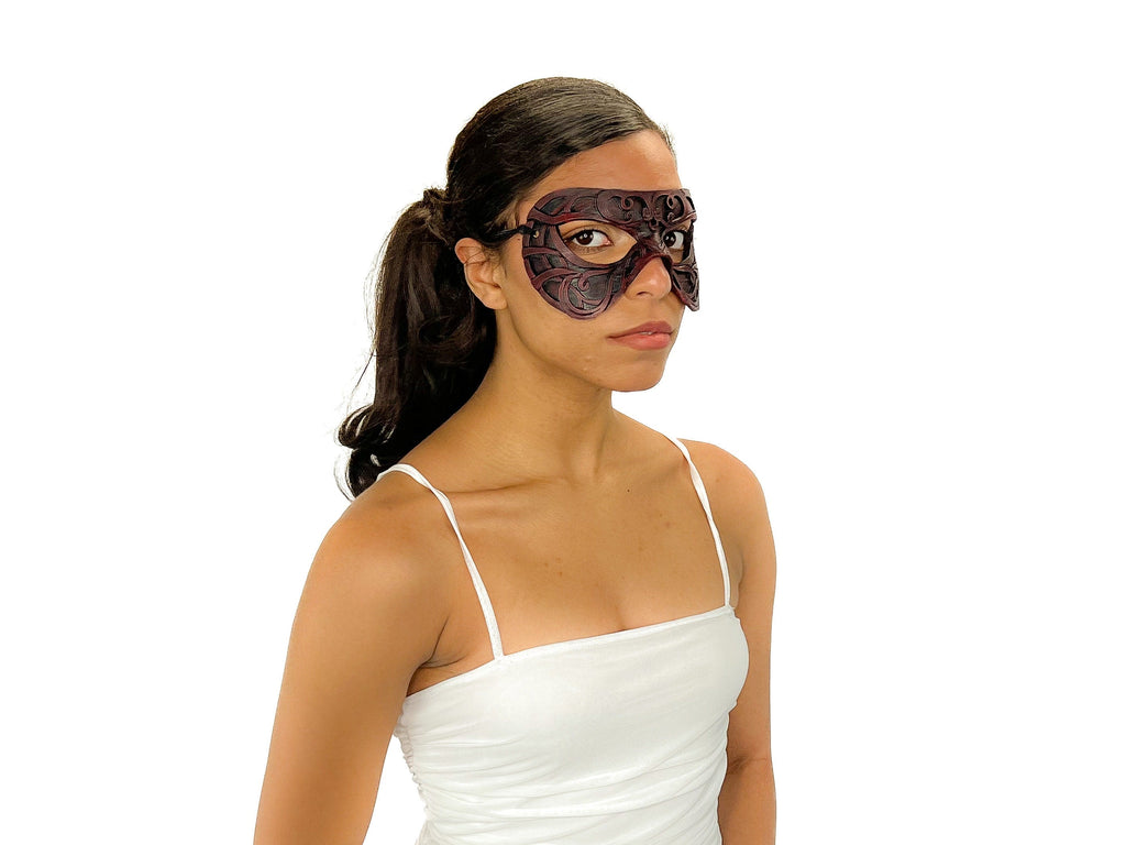 Dual Layer Ornate Masquerade Handmade Genuine Leather Eye Mask in Red Rockwell Masks