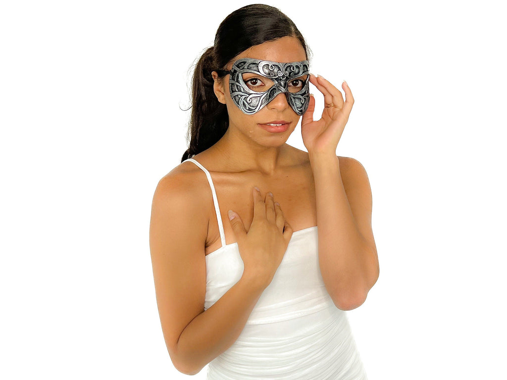 Dual Layer Ornate Masquerade Handmade Genuine Leather Eye Mask in Silver Rockwell Masks