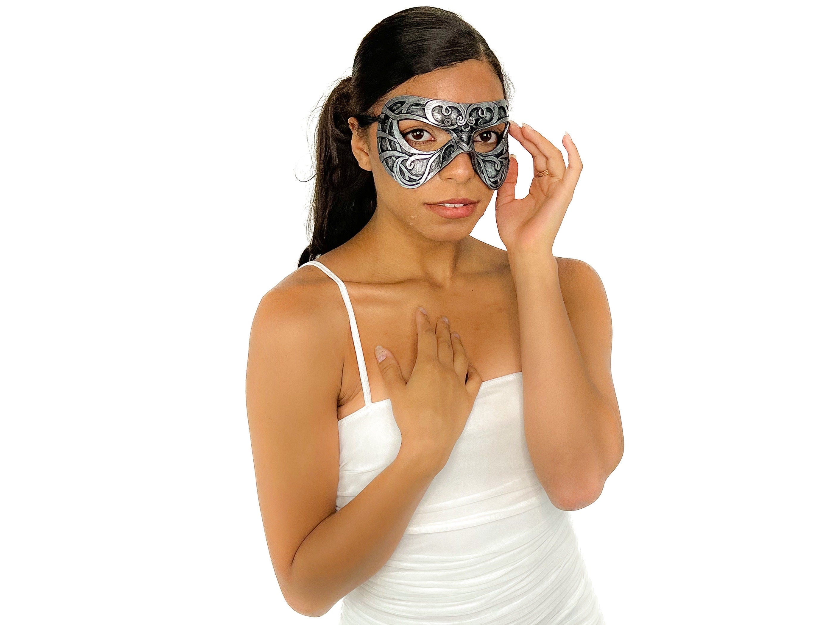 Dual Layer Ornate Masquerade Handmade Genuine Leather Eye Mask in Silver Rockwell Masks