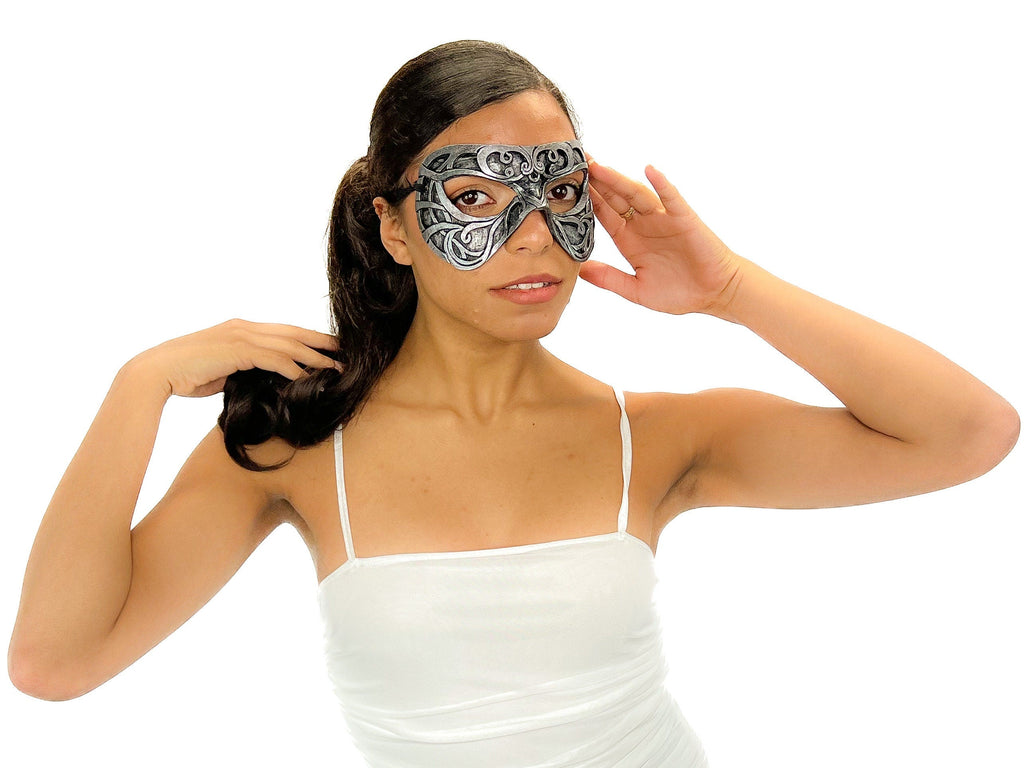 Dual Layer Ornate Masquerade Handmade Genuine Leather Eye Mask in Silver Rockwell Masks