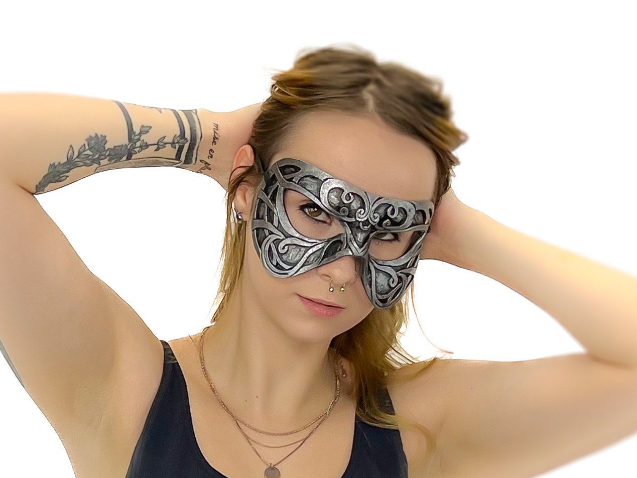 Dual Layer Ornate Masquerade Handmade Genuine Leather Eye Mask in Silver Rockwell Masks