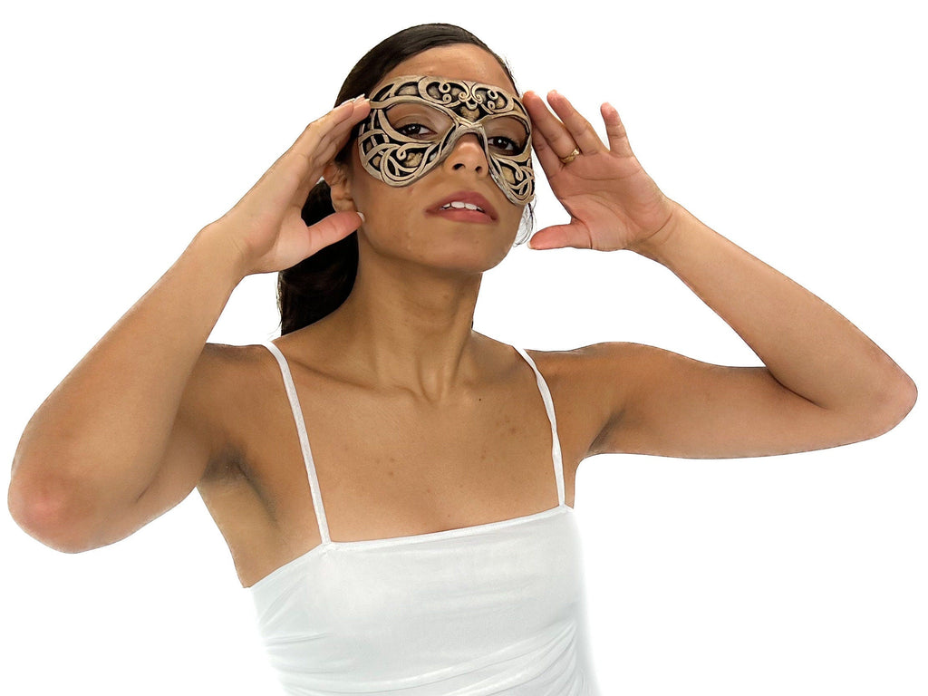 Dual Layer Ornate Masquerade Handmade Genuine Leather Eye Mask in Vintage Cream Rockwell Masks