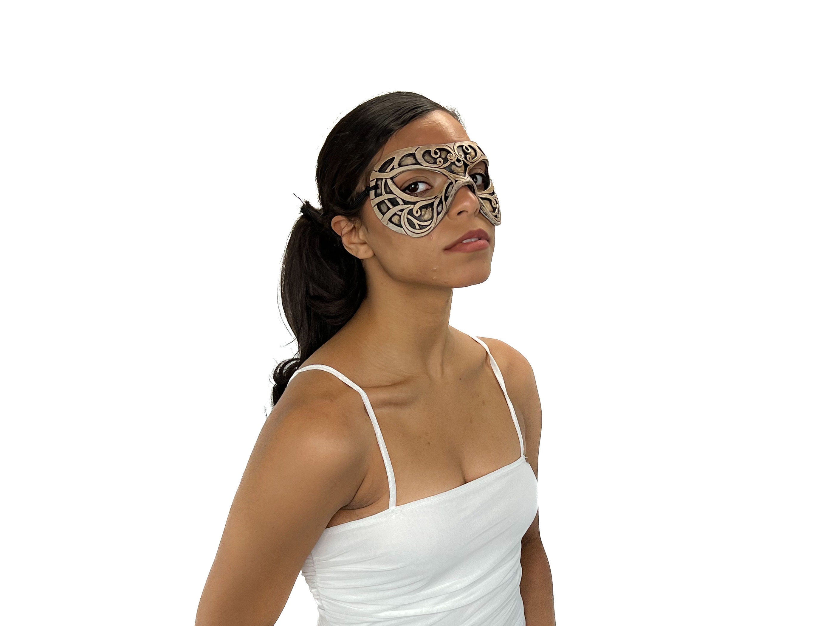 Dual Layer Ornate Masquerade Handmade Genuine Leather Eye Mask in Vintage Cream Rockwell Masks