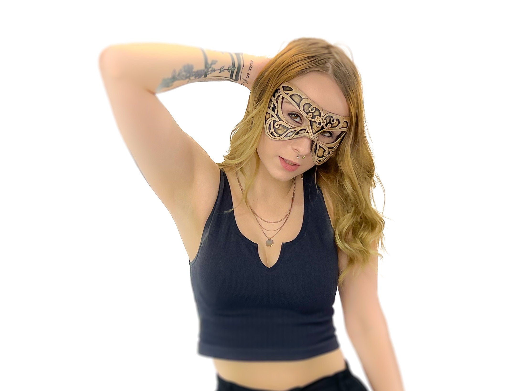 Dual Layer Ornate Masquerade Handmade Genuine Leather Eye Mask in Vintage Cream Rockwell Masks