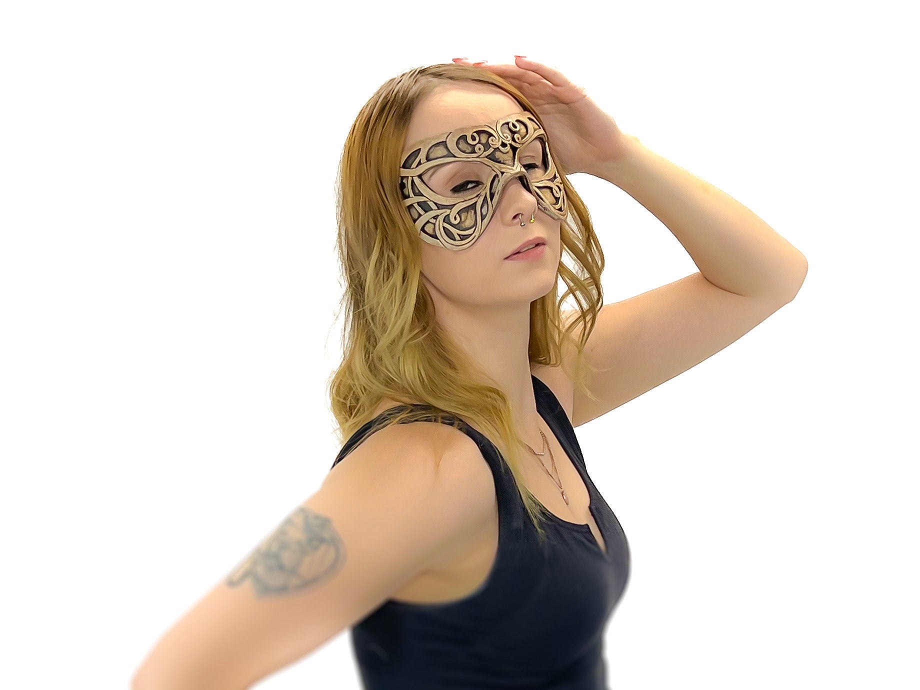 Dual Layer Ornate Masquerade Handmade Genuine Leather Eye Mask in Vintage Cream Rockwell Masks