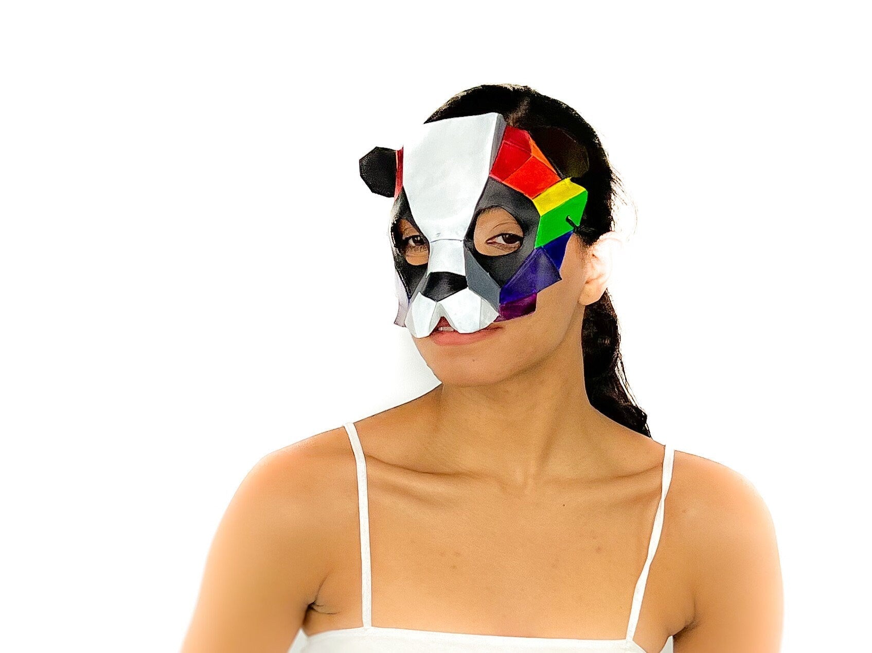 Geometric Rainbow Panda Bear Leather Mask Rockwell Masks