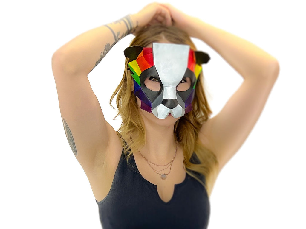 Geometric Rainbow Panda Bear Leather Mask Rockwell Masks