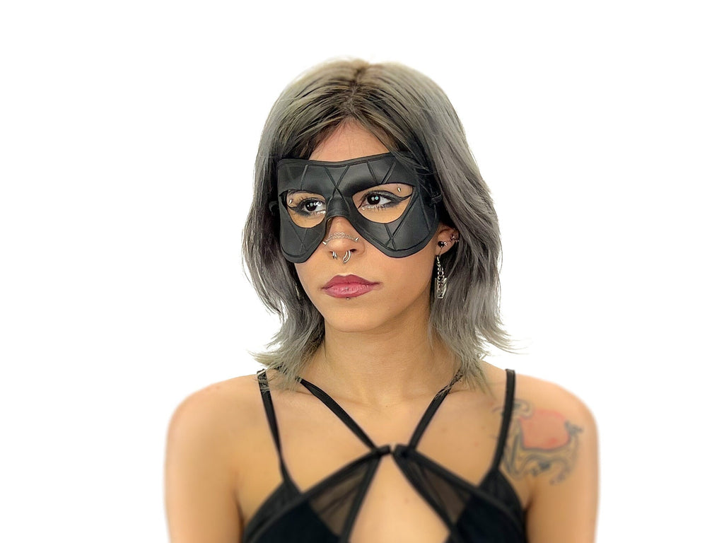Compact Harlequin Handmade Genuine Leather Mask in Solid Black Rockwell Masks