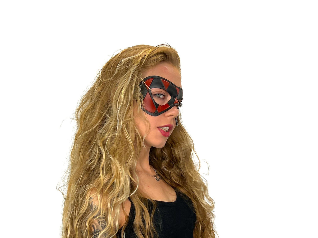 Compact Harlequin Handmade Genuine Leather Mask in Red and Black Rockwell Masks