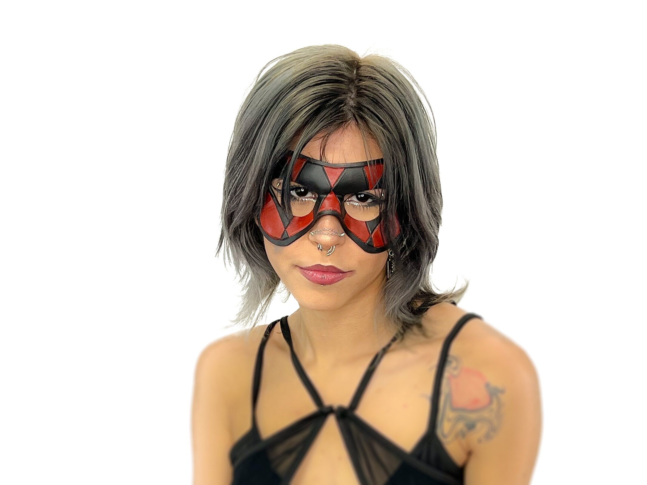 Compact Harlequin Handmade Genuine Leather Mask in Red and Black Rockwell Masks