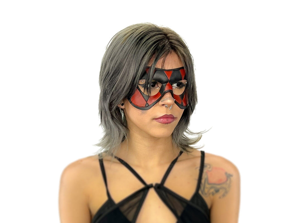 Compact Harlequin Handmade Genuine Leather Mask in Red and Black Rockwell Masks