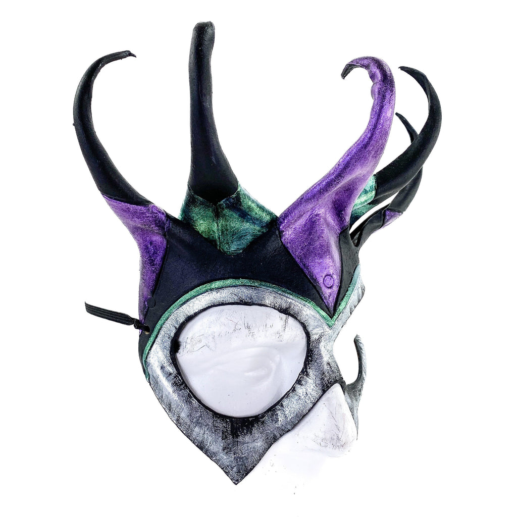 Five Point Jester Eye Mask in Purple and Green - Handmade Genuine Leather Rockwell Masks