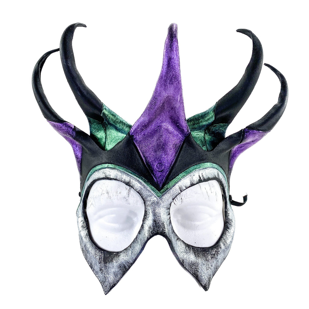 Five Point Jester Eye Mask in Purple and Green - Handmade Genuine Leather Rockwell Masks