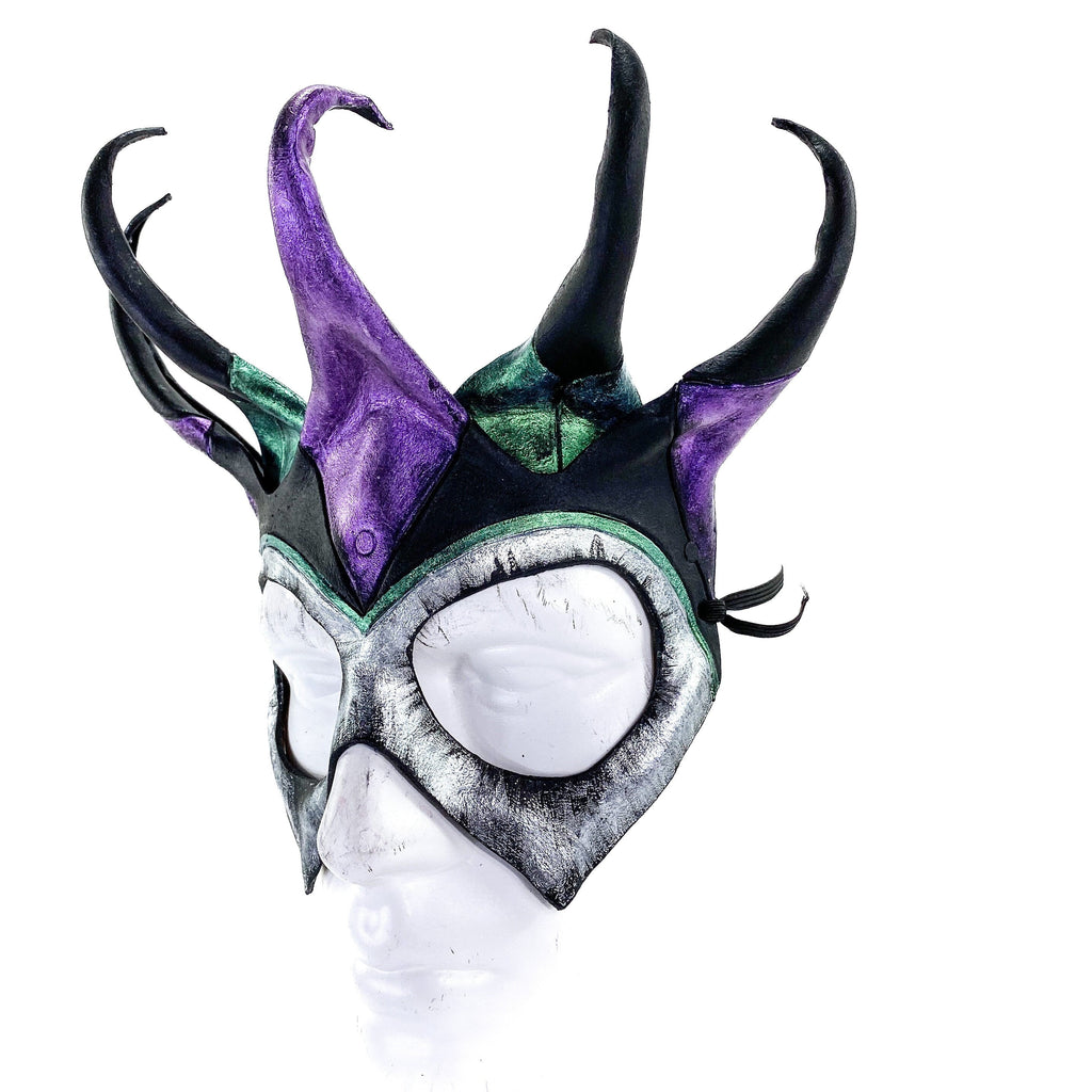 Five Point Jester Eye Mask in Purple and Green - Handmade Genuine Leather Rockwell Masks