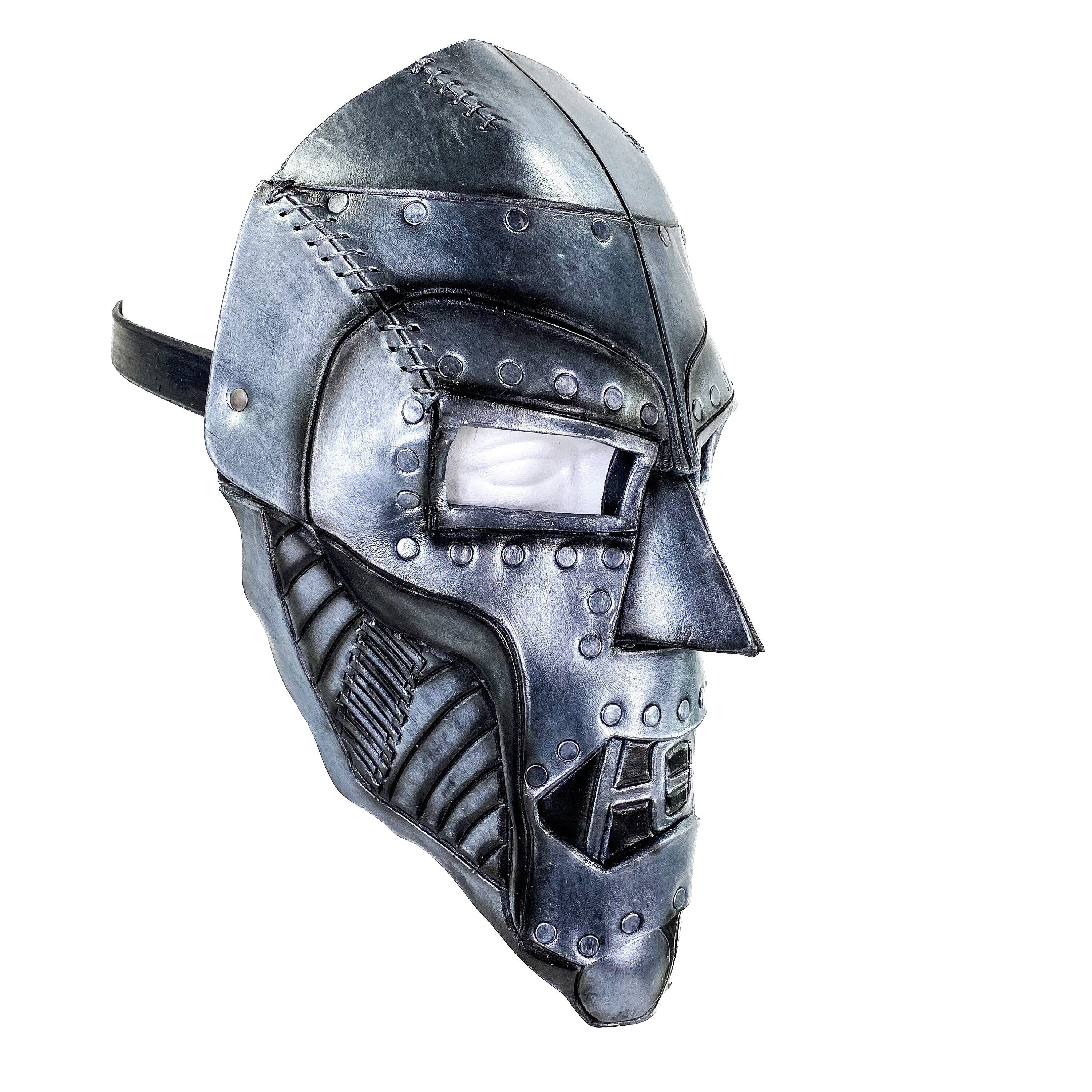 Genuine Leather Mask - Weathered Steel Paint - Handmade Full Face Cover for Masquerades Halloween or Cosplay Costume Rockwell Masks