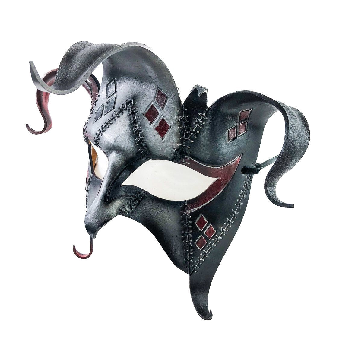 The Joker's Card-Joker Jester Handmade Genuine Leather Mask in Red Rockwell Masks