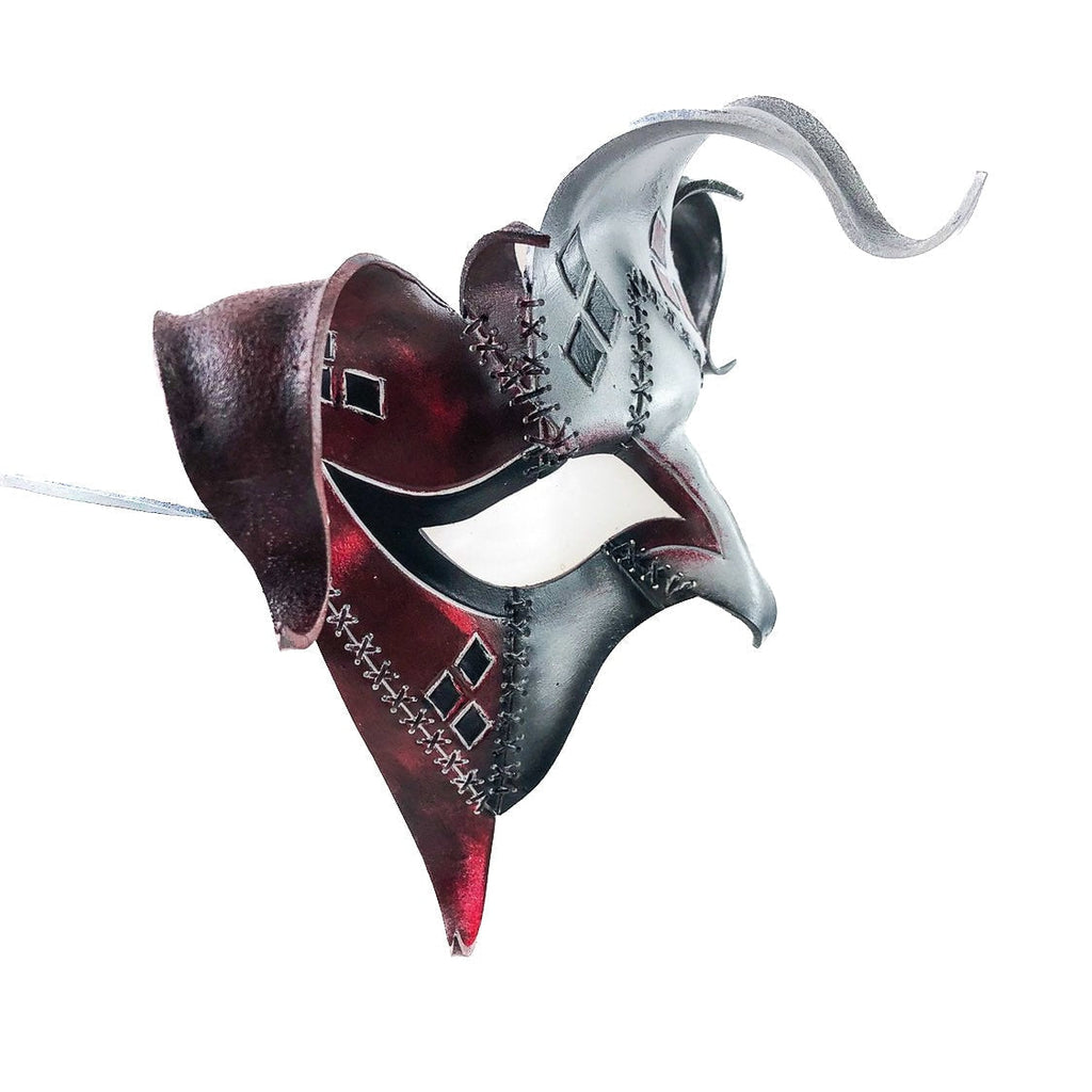The Joker's Card-Joker Jester Handmade Genuine Leather Mask in Red Rockwell Masks