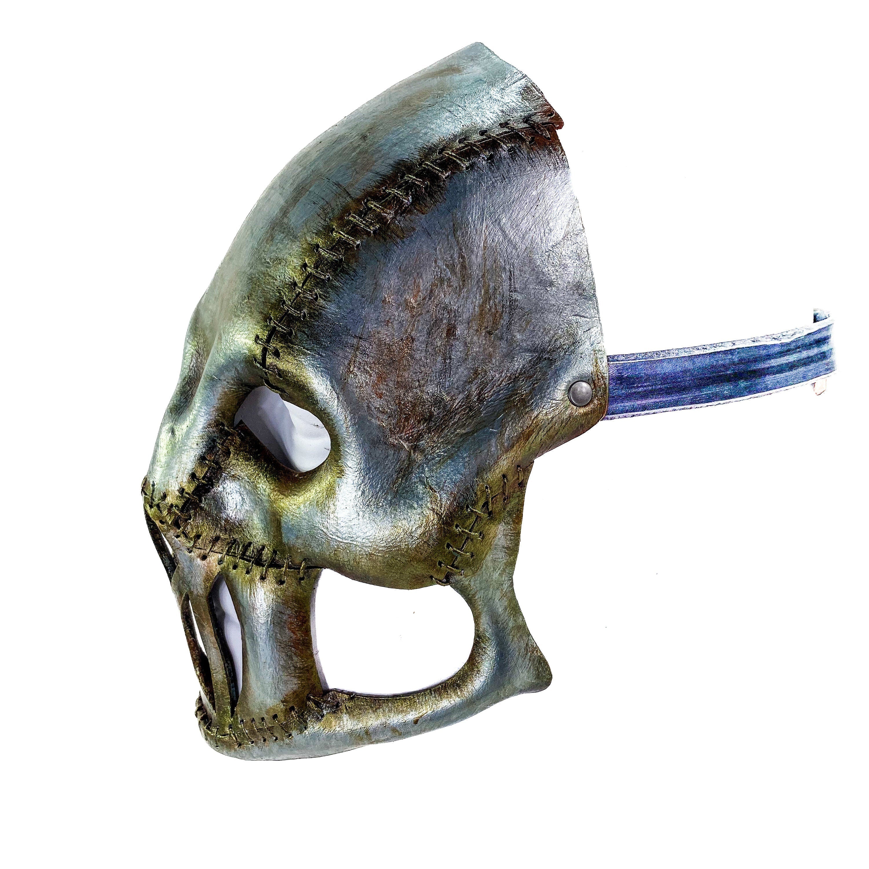Invader - Genuine Leather Mask in Corroded Metallic Paint - Handmade Full Face Cover for Halloween, Performance or Cosplay Rockwell Masks