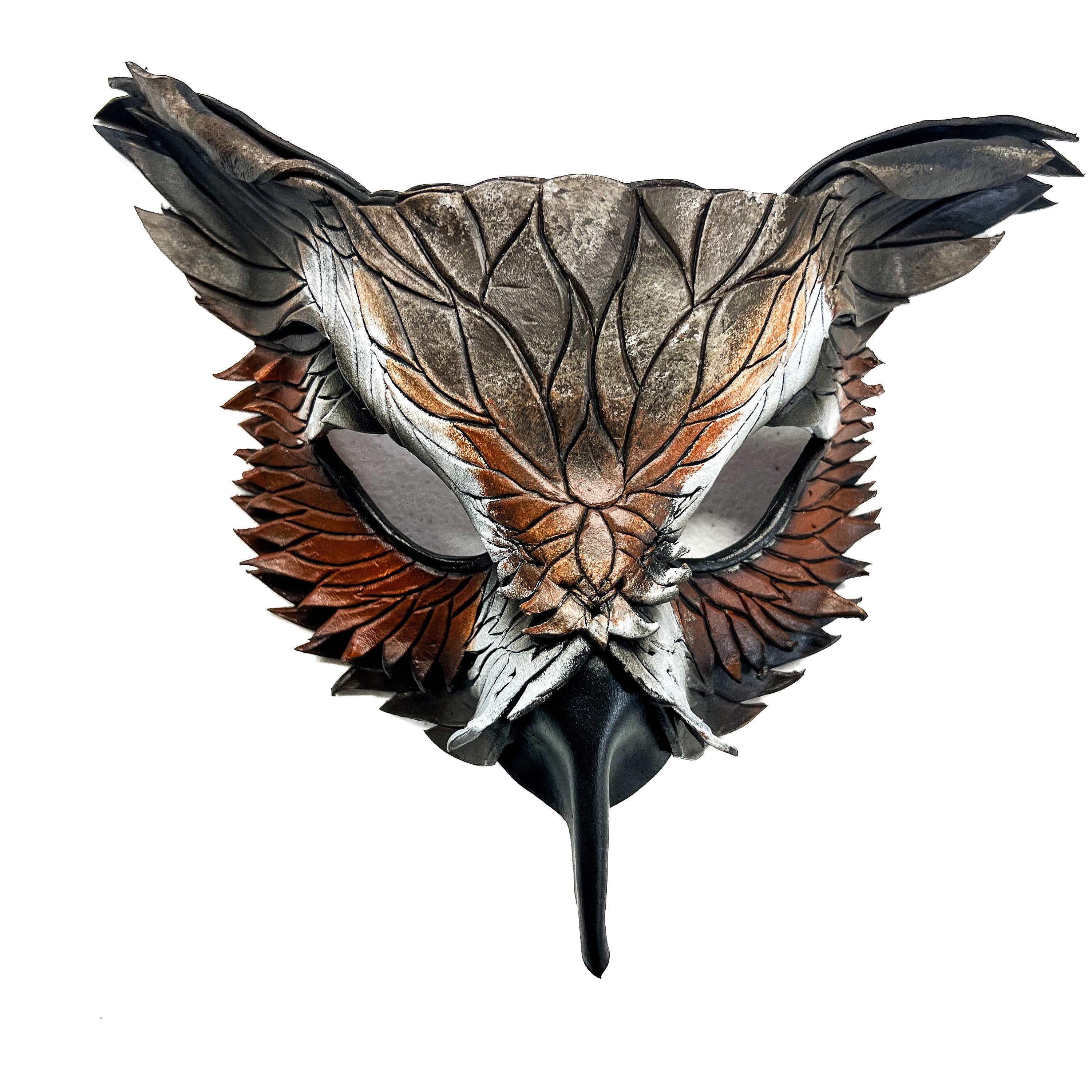 Layered Horned Owl Handmade Genuine Leather Mask Rockwell Masks