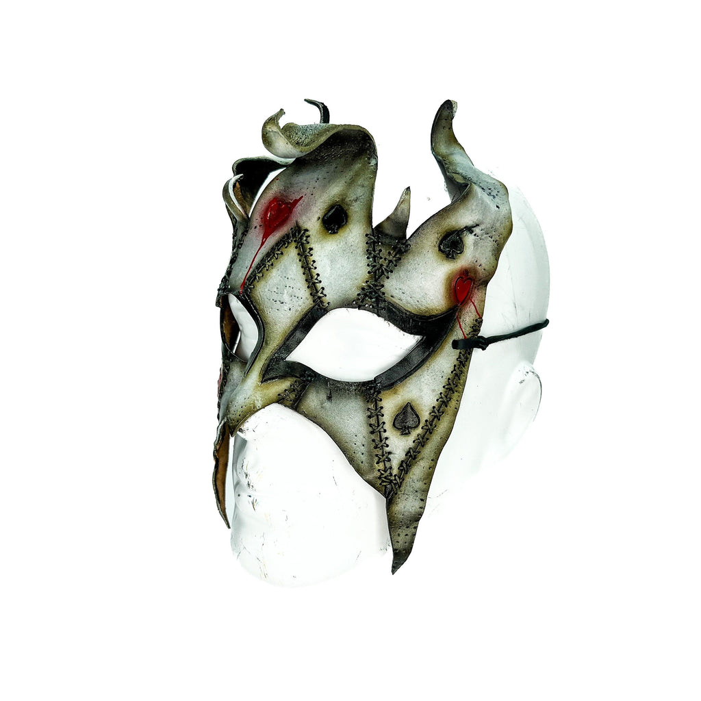 Grungy Joker Jester Handmade Genuine Leather Mask in Red Rockwell Masks