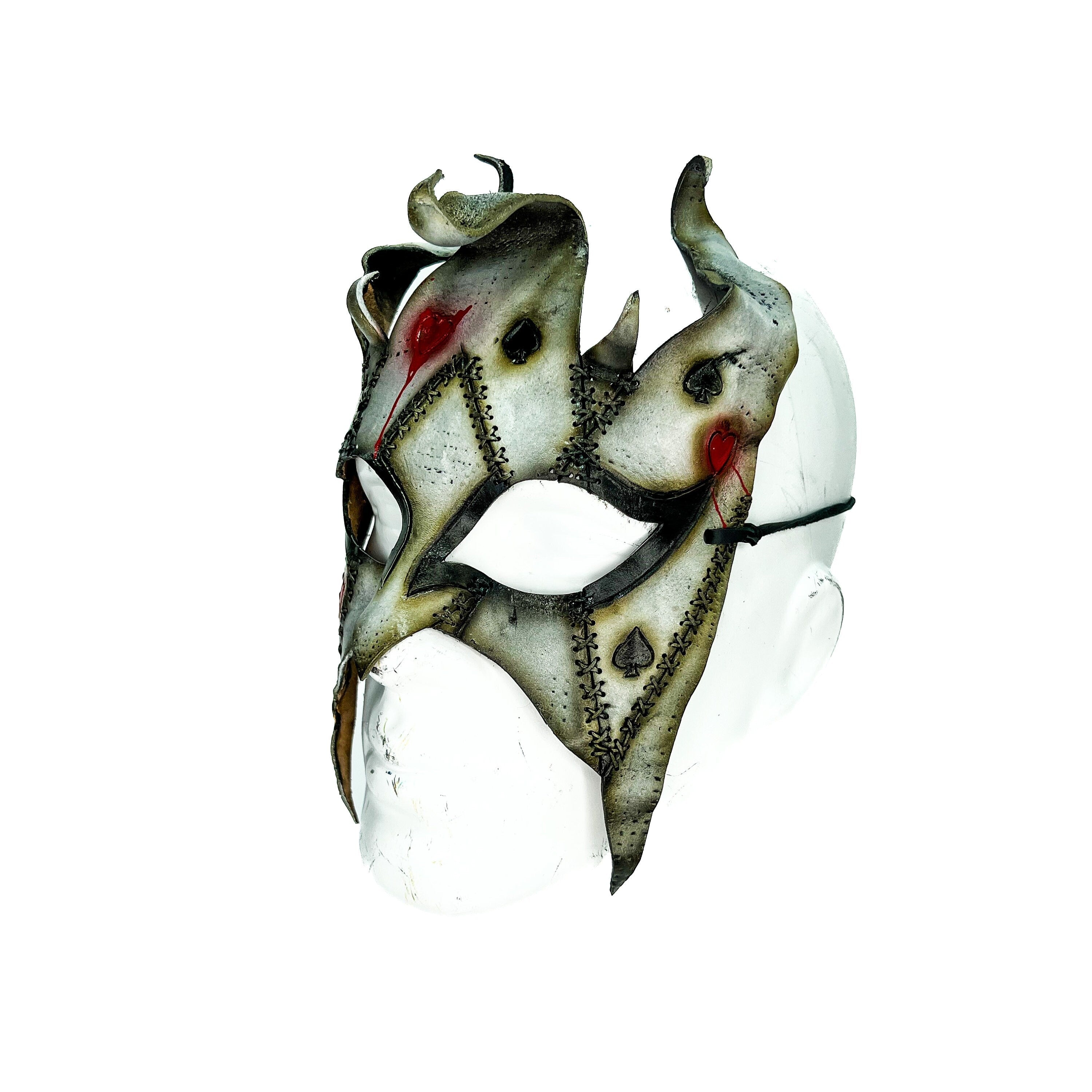 Grungy Joker Jester Handmade Genuine Leather Mask in Red Rockwell Masks