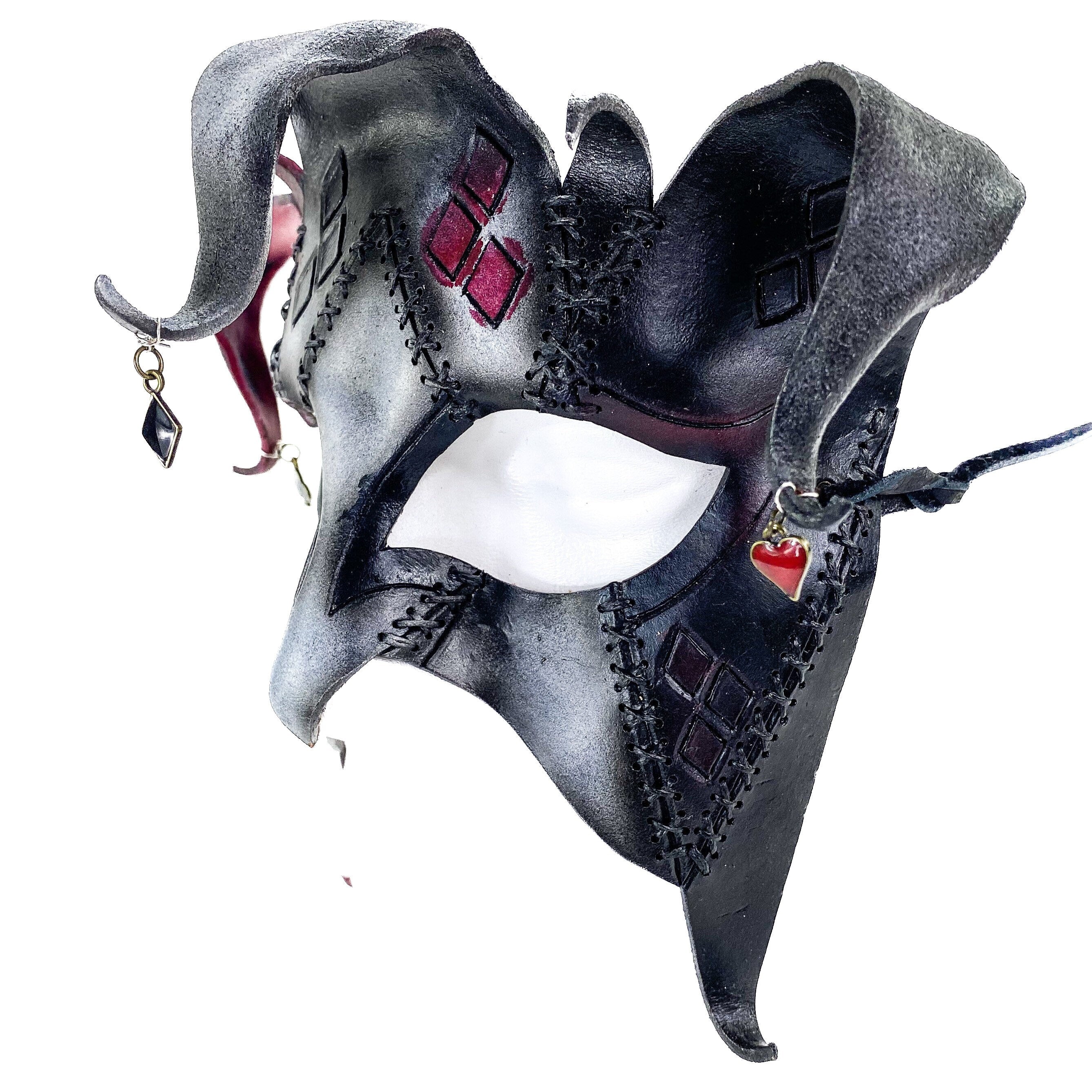 The Joker's Card - Grungy Joker Jester Handmade Genuine Leather Mask in Red with Charms Rockwell Masks