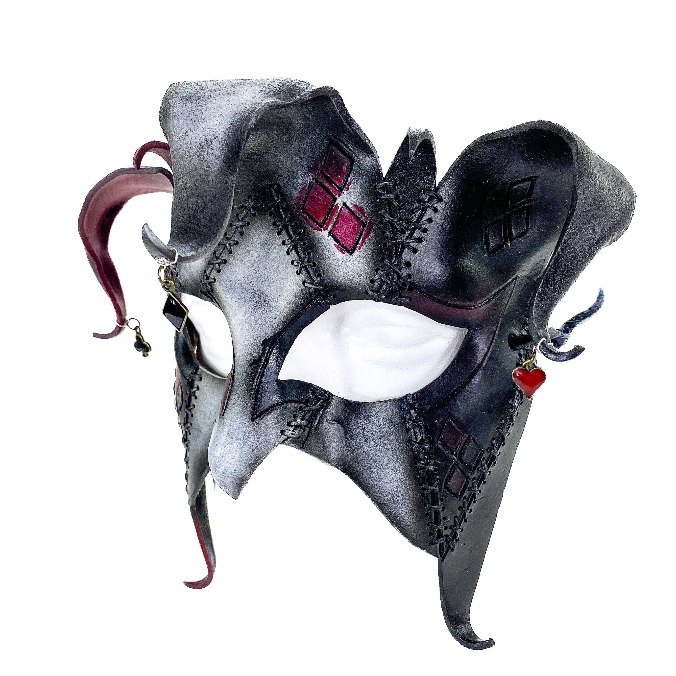 The Joker's Card - Grungy Joker Jester Handmade Genuine Leather Mask in Red with Charms Rockwell Masks