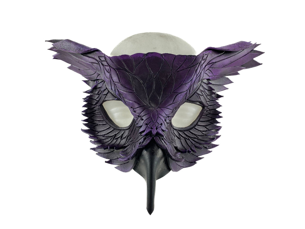Layered Horned Owl Handmade Genuine Leather Mask in Purple Rockwell Masks