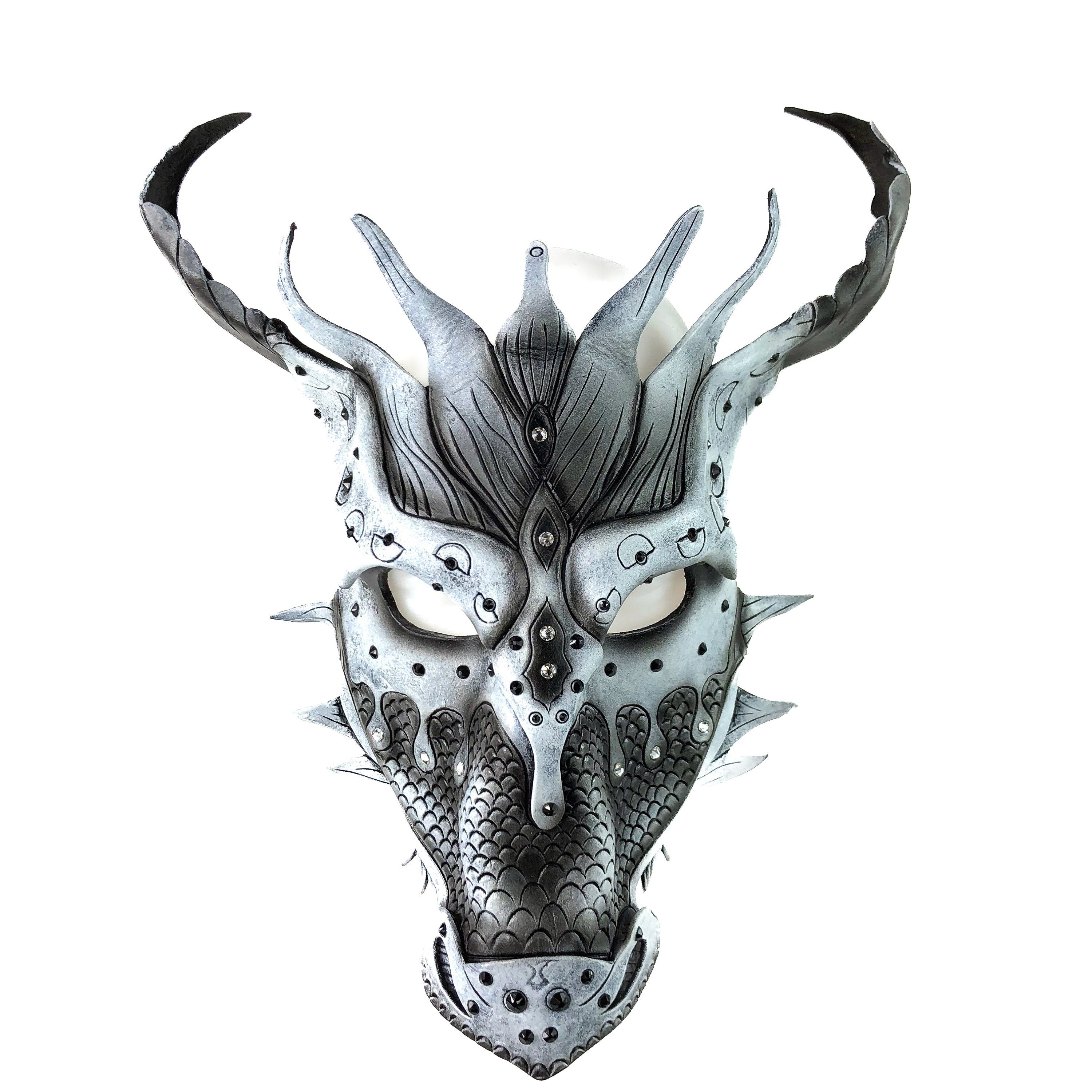 Grey Ancient Dragon Leather Mask with Swarovski Crystals Rockwell Masks