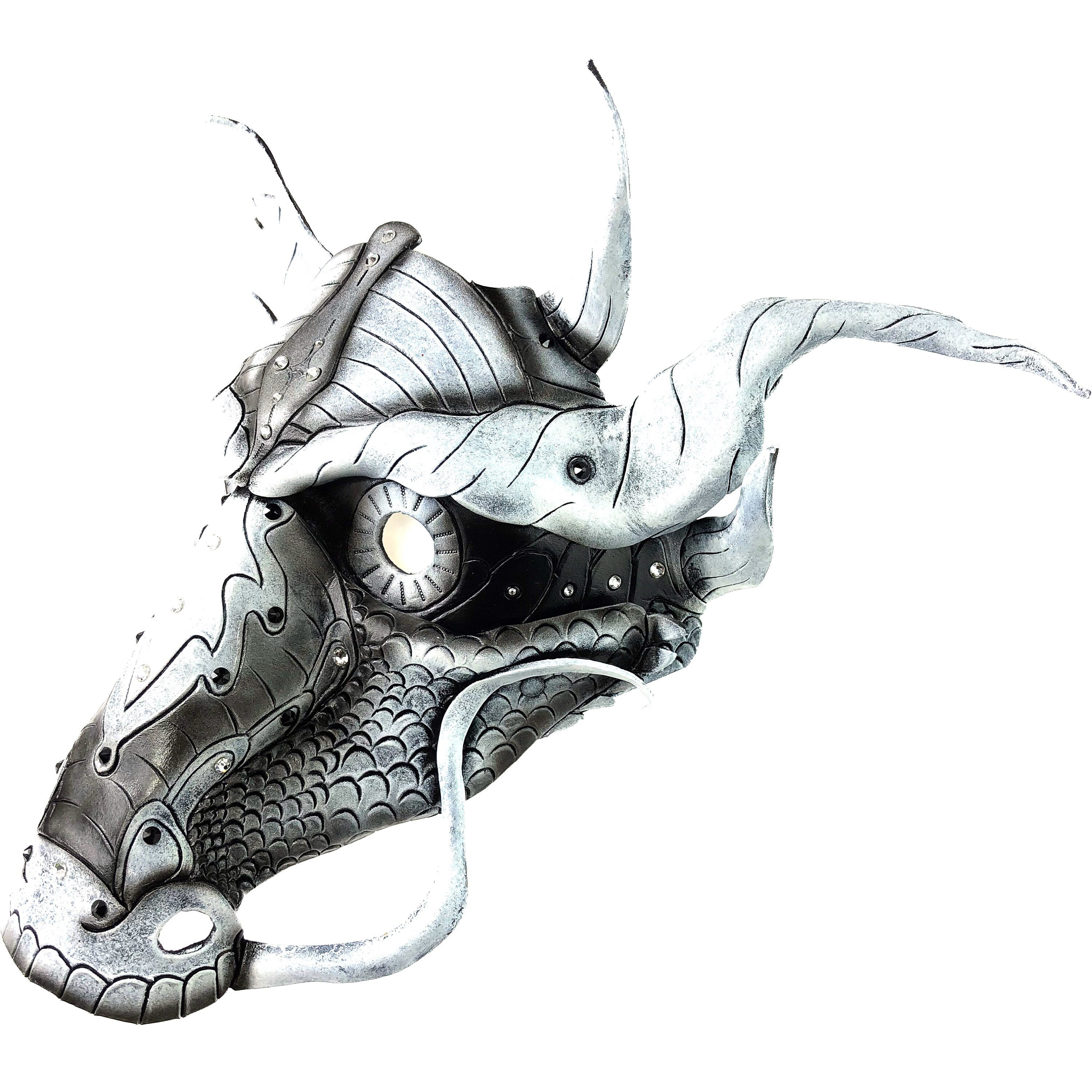 Grey Ancient Dragon Leather Mask with Swarovski Crystals Rockwell Masks