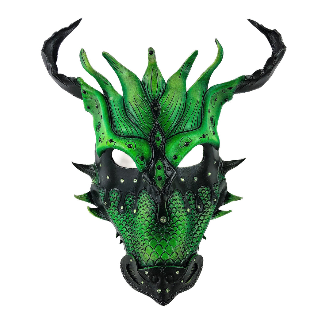 Green Ancient Dragon Leather Mask with Swarovski Crystals Rockwell Masks