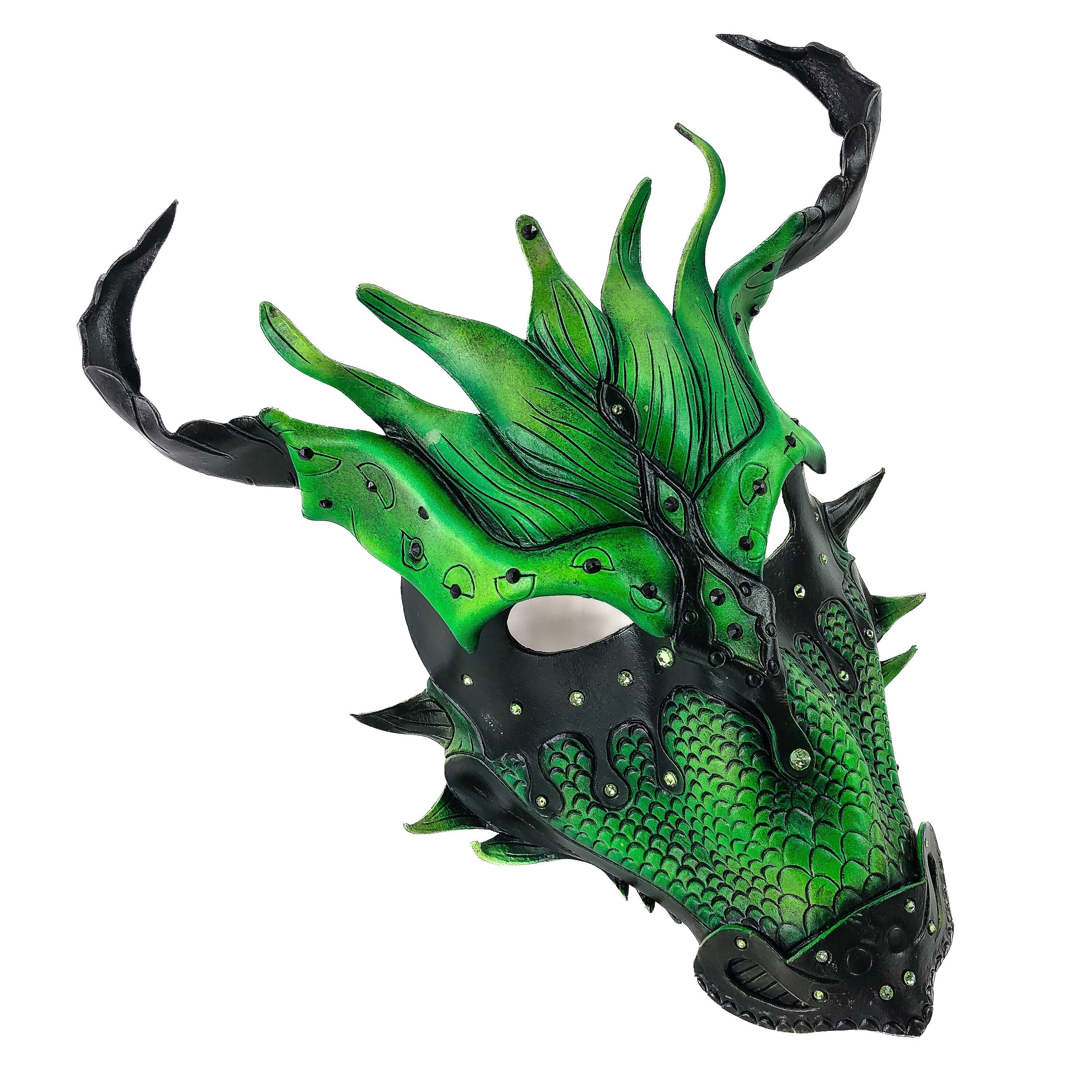 Green Ancient Dragon Leather Mask with Swarovski Crystals Rockwell Masks