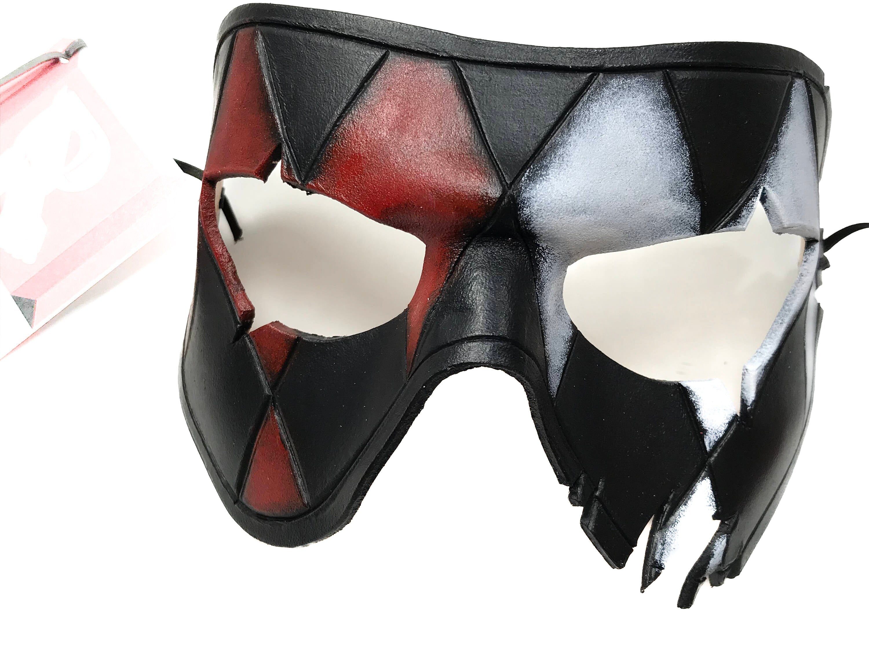 Harlequin Handmade Genuine Leather Mask in Red White Black and Gold Rockwell Masks