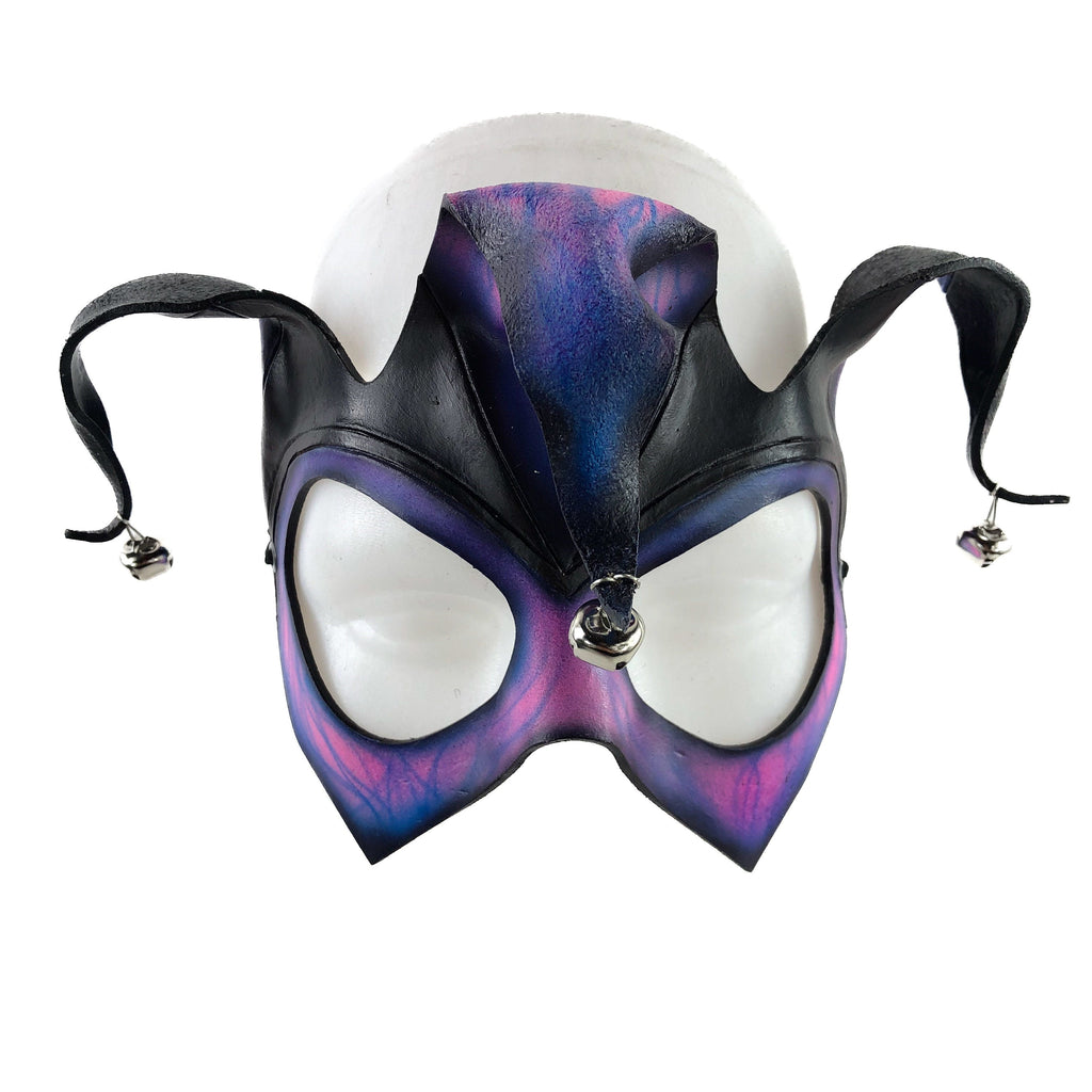Handmade Genuine Leather Jester Mask in Blue and Pink Rockwell Masks