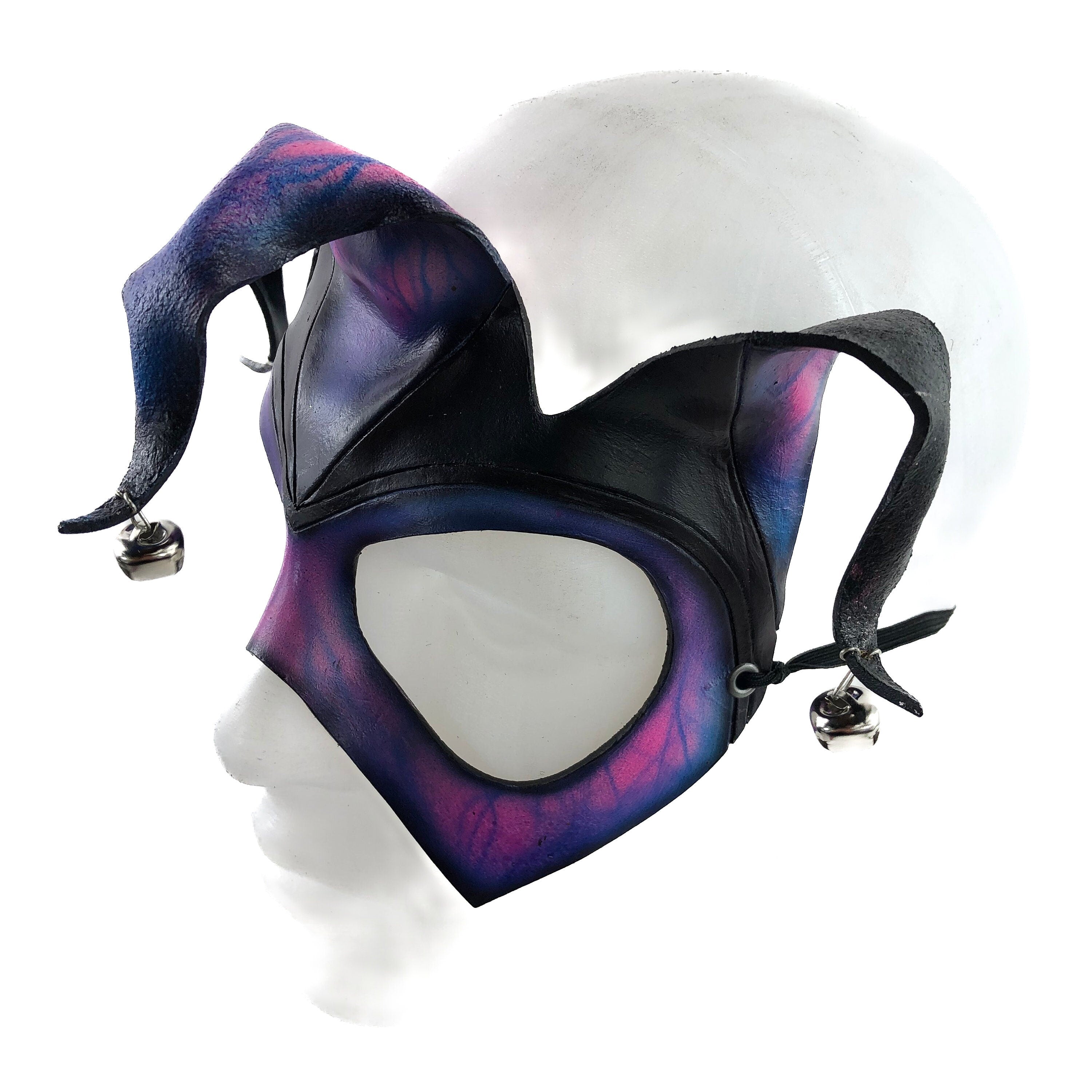 Handmade Genuine Leather Jester Mask in Blue and Pink Rockwell Masks