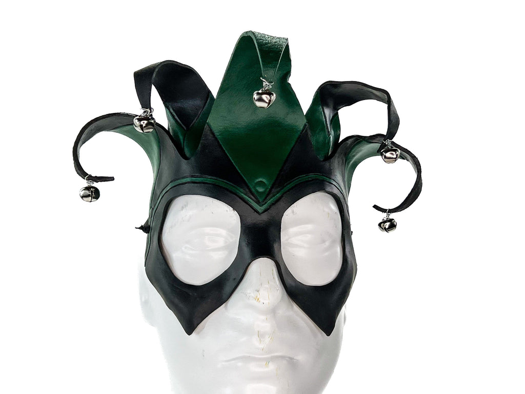 Handmade Genuine Leather Five Point Jester Mask in Green and Black Rockwell Masks