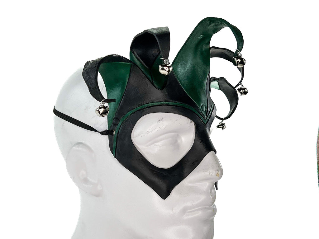 Handmade Genuine Leather Five Point Jester Mask in Green and Black Rockwell Masks